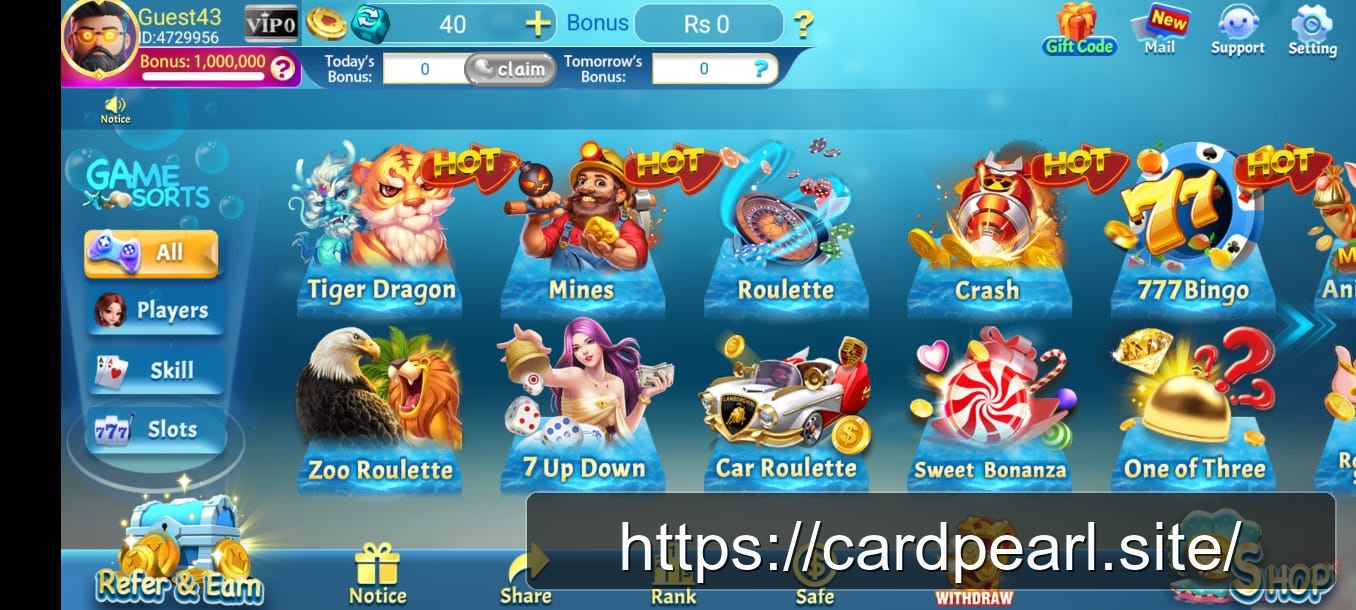 Card Pearl lobby showing Tiger Dragon, Mines, Roulette, Crash and other titles